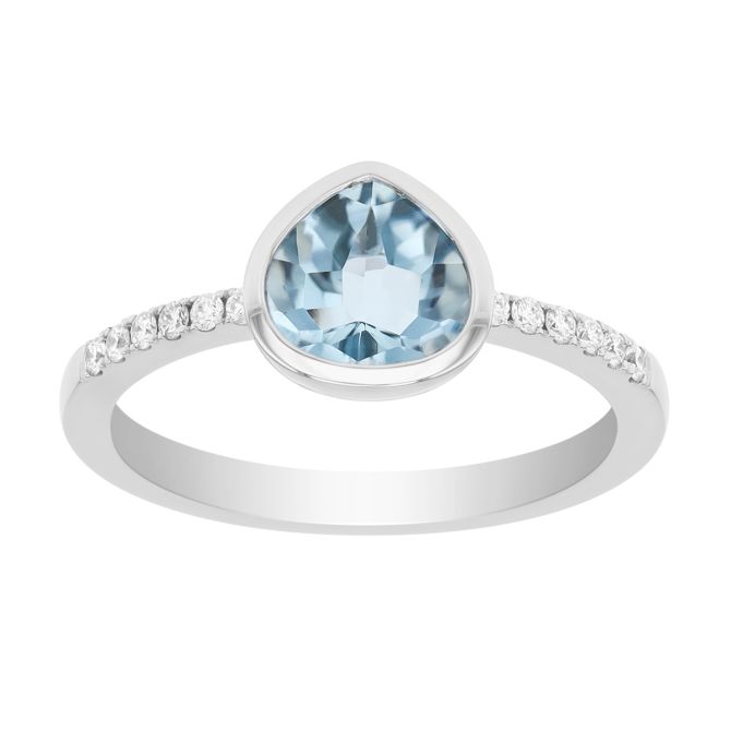 Bezel Set Pear Shape Aquamarine & Diamond Side Stone Ring in White Gold
