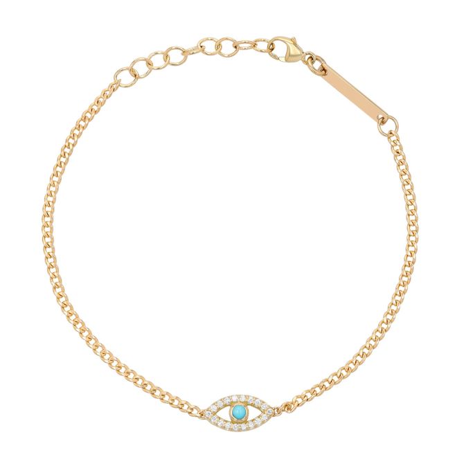 Zoe Chicco Turquoise & Diamond Evil Eye Bracelet in Yellow Gold, 7"