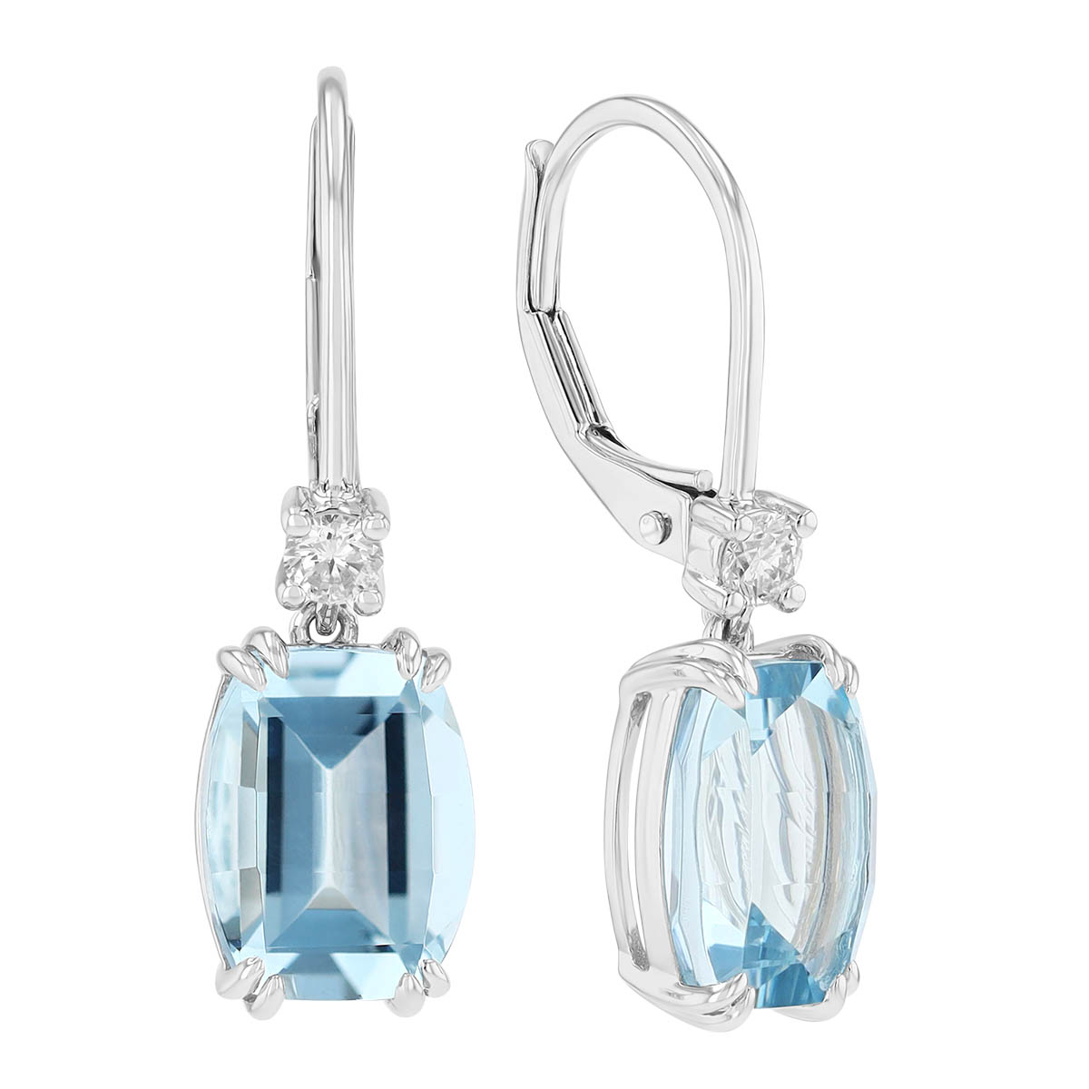 Emerald Cut Aquamarine & Diamond Drop Earrings in White Gold