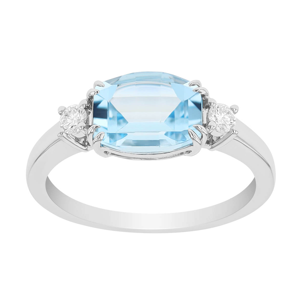 Emearld Cut Aquamarine & Diamond 3 Stone Ring in White Gold