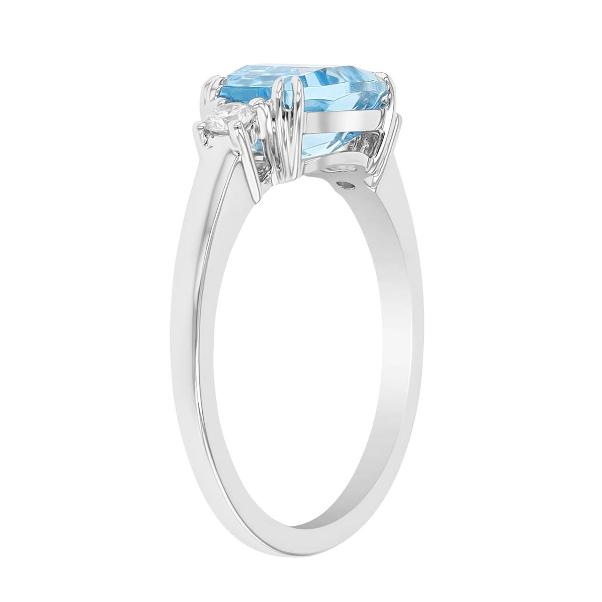 Emearld Cut Aquamarine & Diamond 3 Stone Ring in White Gold