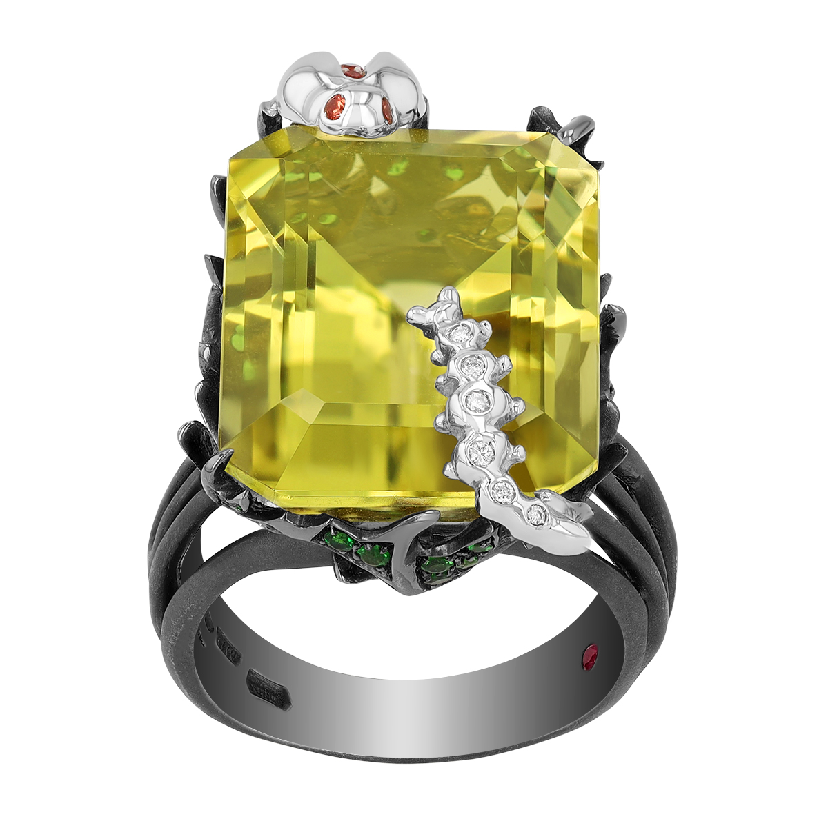Roberto Coin Lemon Quartz, Tsavorite Garnet, & Diamond Garden Ring in White Gold & Black Rhodium