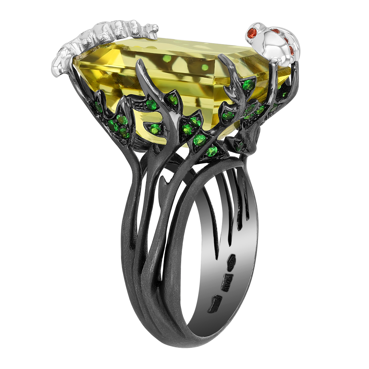 Roberto Coin Lemon Quartz, Tsavorite Garnet, & Diamond Garden Ring in White Gold & Black Rhodium