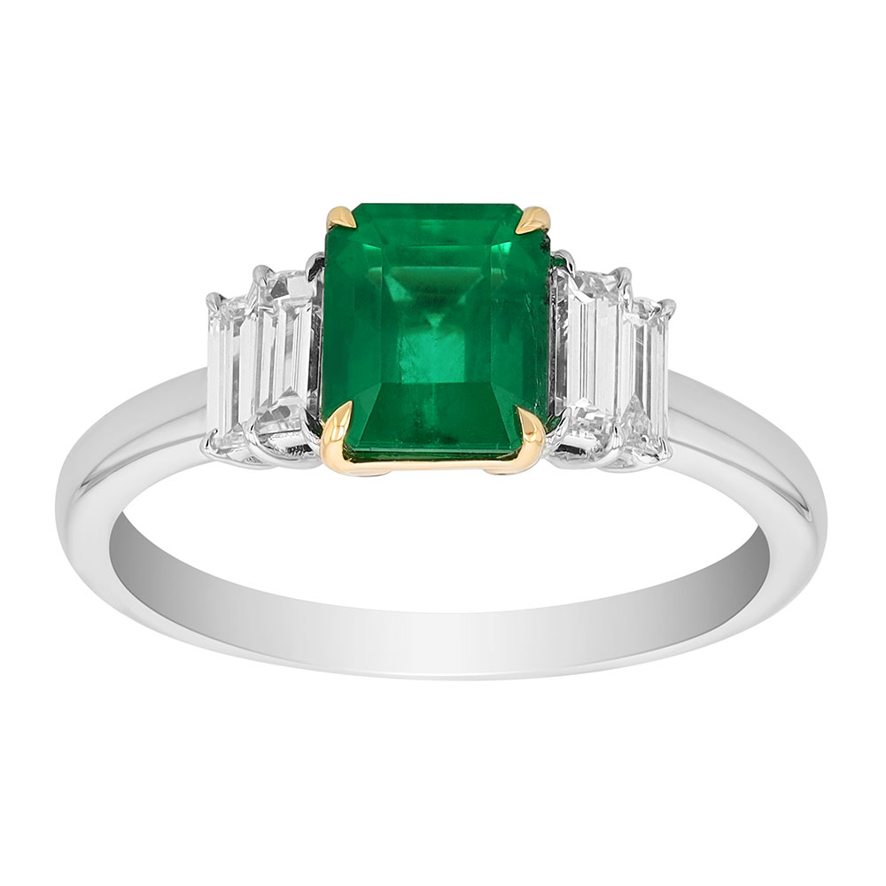 TARA Pearls Emerald Cut Emerald & Baguette Diamond Side Stone Ring in Two Tone