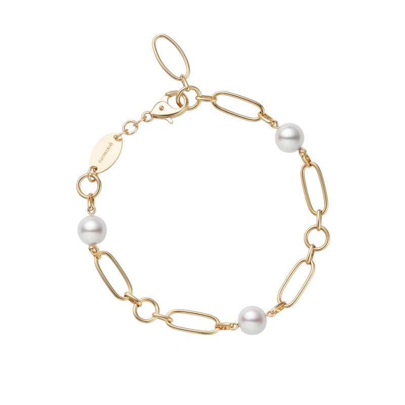 Mikimoto Akoya Cultured Pearl Station & Link Bracelet in Yellow Gold, 7