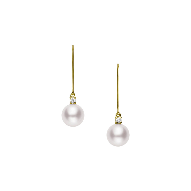 Mikimoto Akoya Cultured Pearl & Diamond Drop Earrings in Yellow Gold