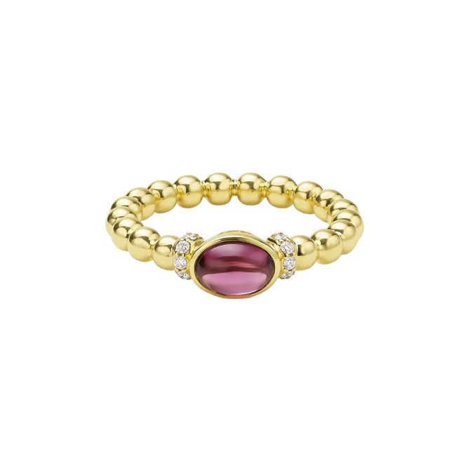 LAGOS Caviar Gold Oval Cabochon Rhodolite Garnet & Diamond Beaded Ring in Yellow Gold