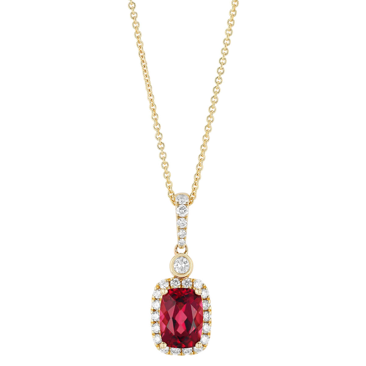 Cushion Cut Garnet & Diamond Halo Pendant in Yellow Gold, 18