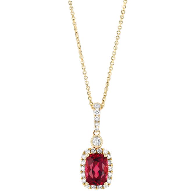 Cushion Cut Garnet & Diamond Halo Pendant in Yellow Gold, 18"