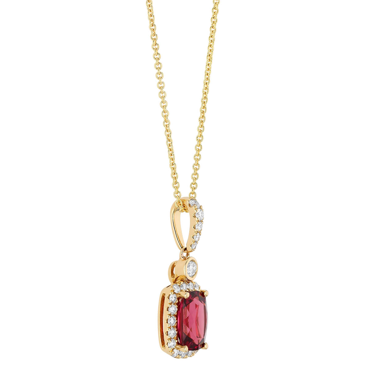 Cushion Cut Garnet & Diamond Halo Pendant in Yellow Gold, 18