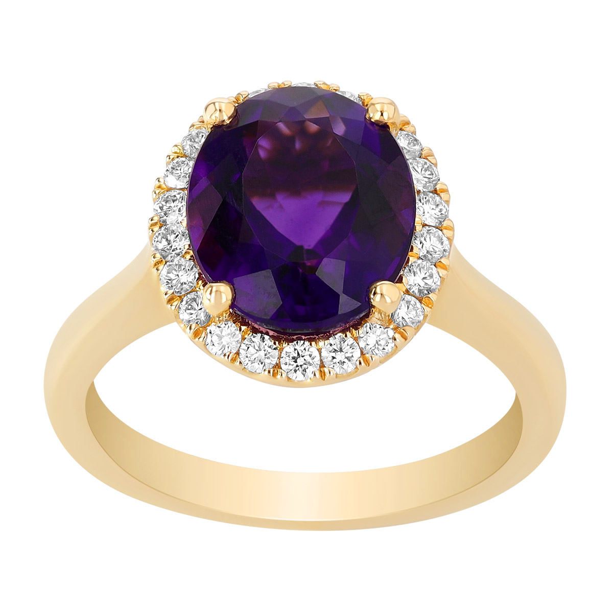Oval Amethyst & Diamond Halo Ring in Yellow Gold