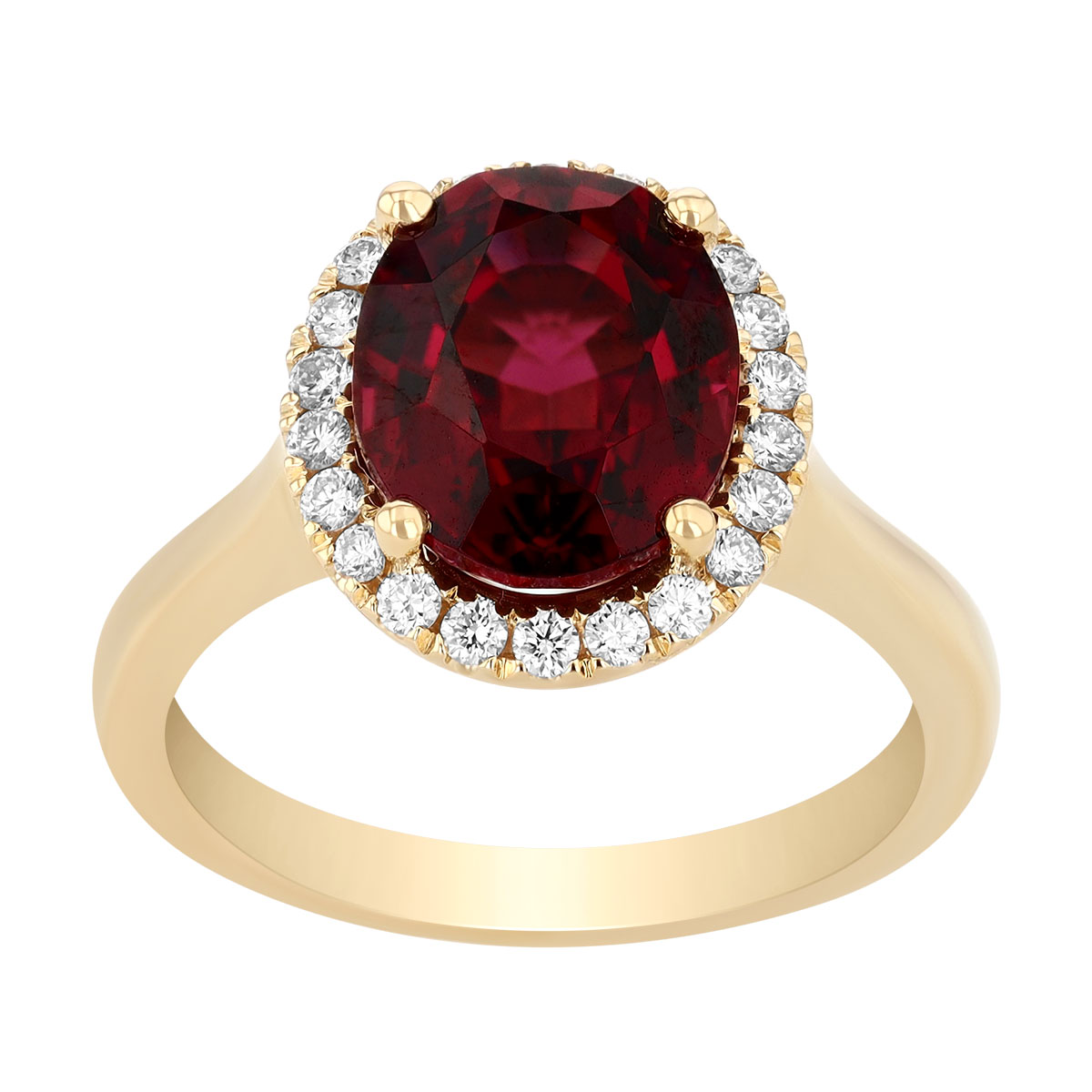 Oval Garnet & Diamond Halo Ring in Yellow Gold