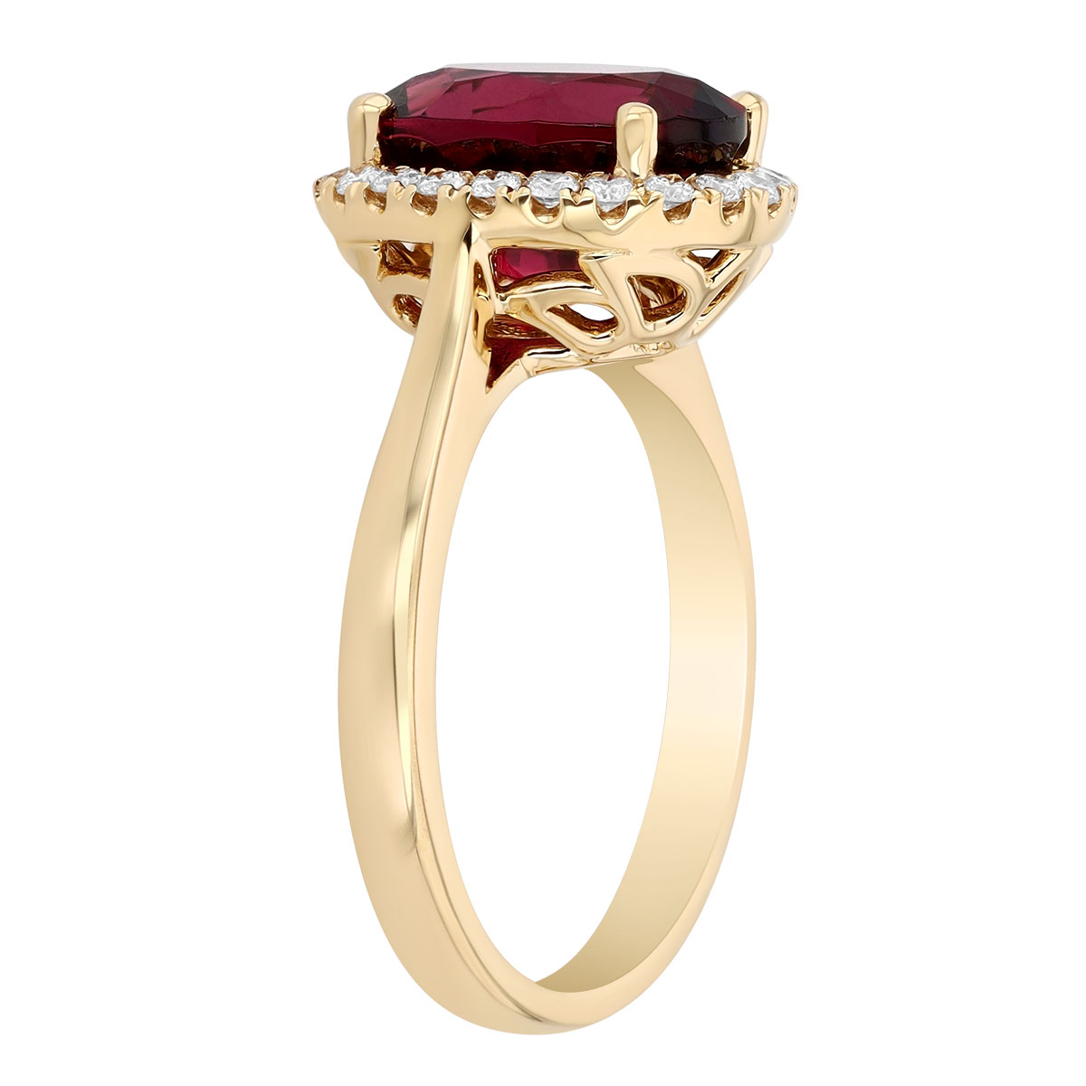 Oval Garnet & Diamond Halo Ring in Yellow Gold