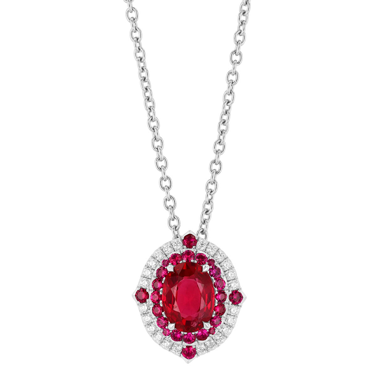 Omi Priva Oval Ruby & Diamond Halo Pendant in Platinum, 18