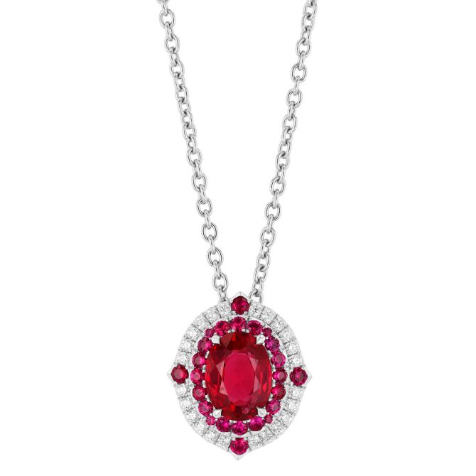 Omi Priva Oval Ruby & Diamond Halo Pendant in Platinum, 18"