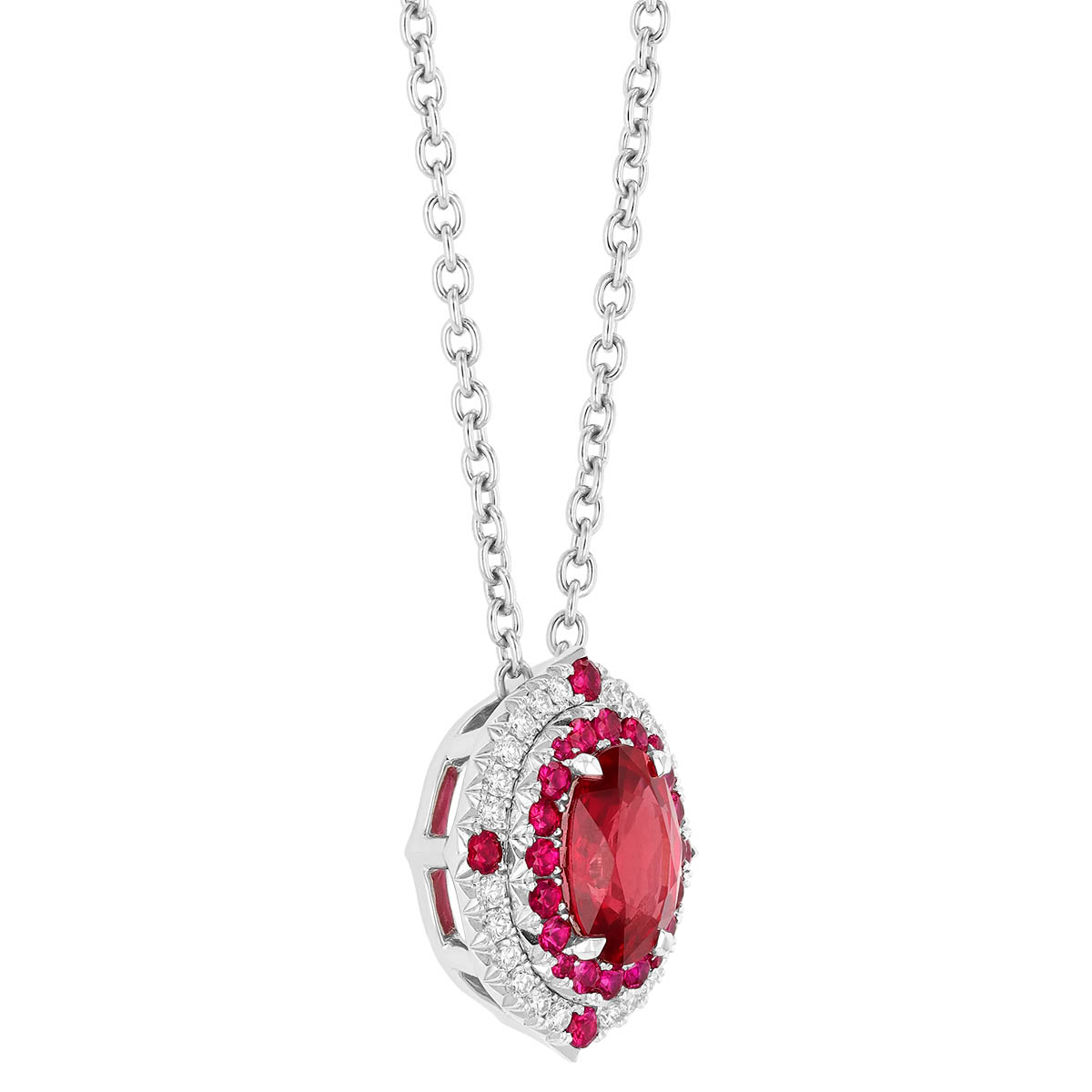 Omi Priva Oval Ruby & Diamond Halo Pendant in Platinum, 18