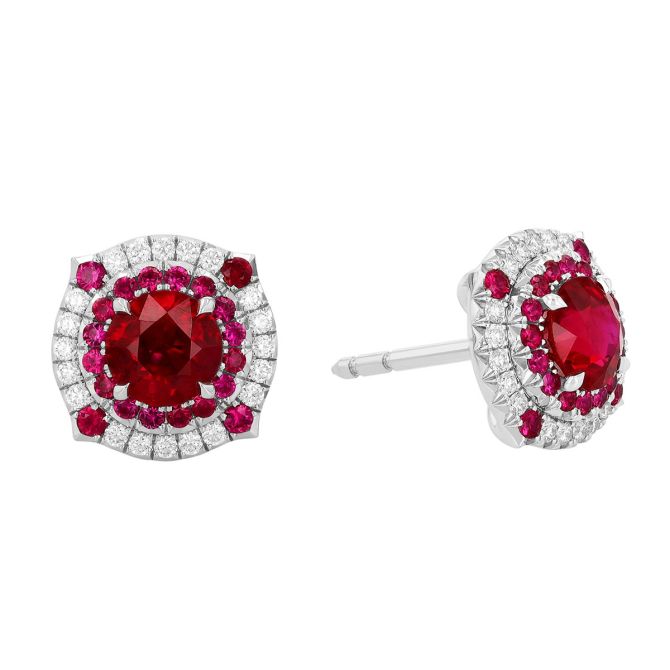 Omi Priva Oval Ruby & Diamond Halo Stud Earrings in Platinum