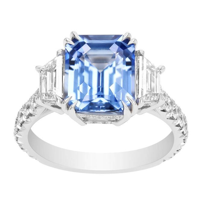 Emerald Cut Sapphire & Trapezoid Diamond Side Stone Ring in Platinum