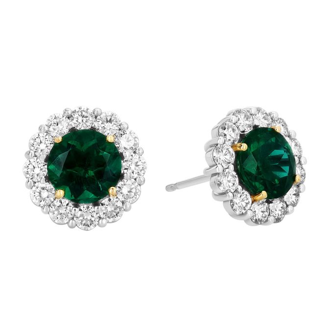 Rahaminov Round Emerald & Diamond Halo Stud Earrings in Platinum & Yellow Gold