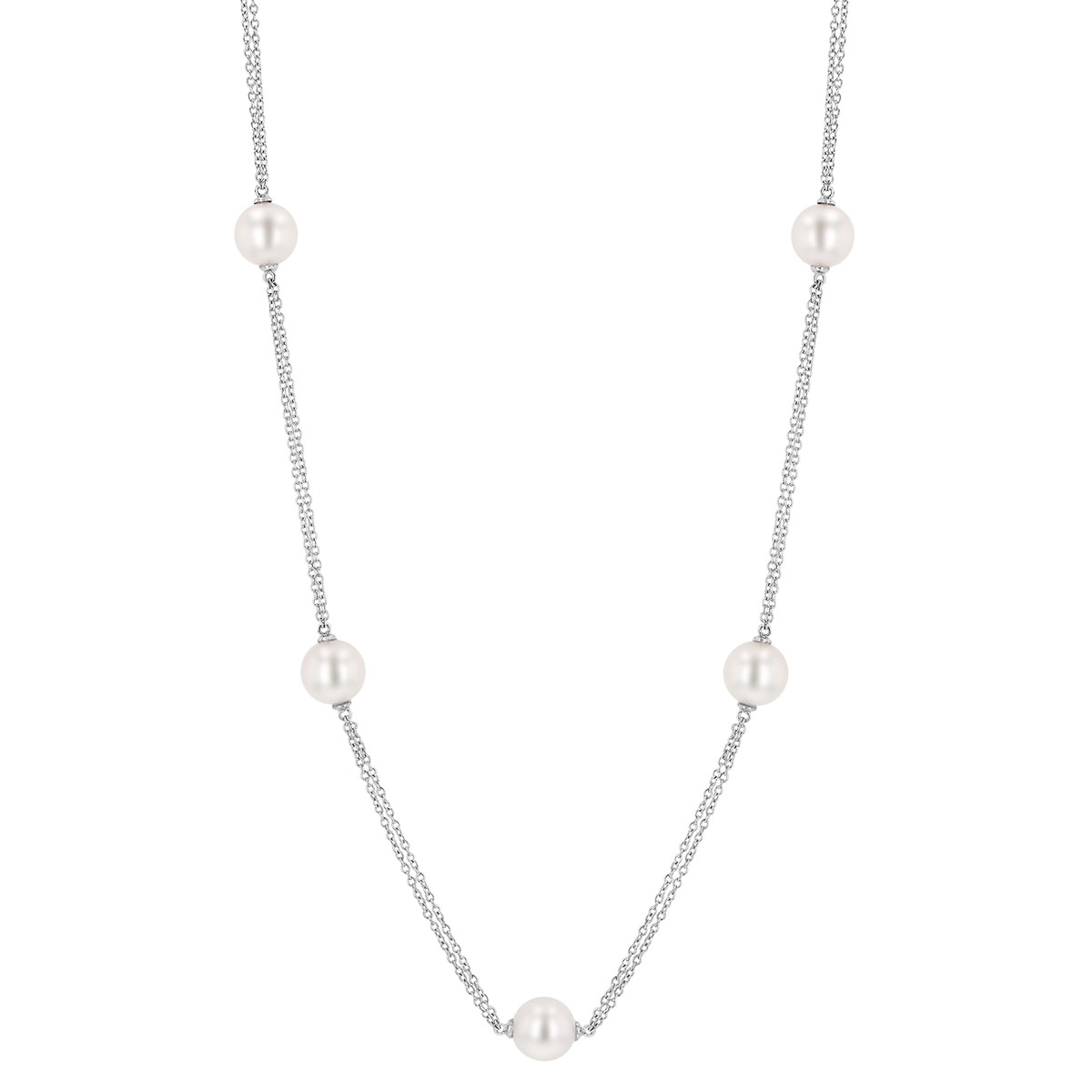 TARA Pearls Cultured Pearl Station Double Chain Necklace in White Gold, 17