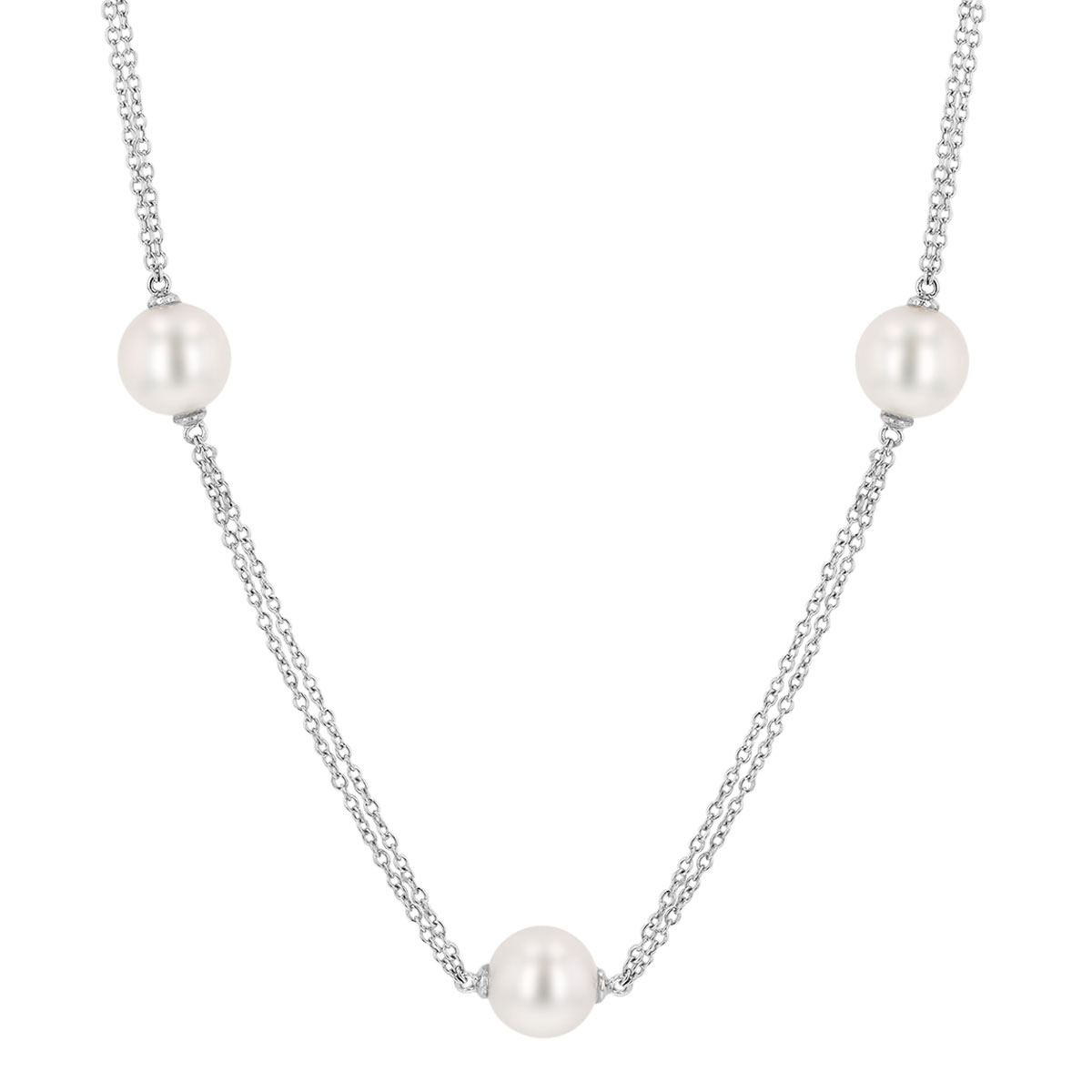 TARA Pearls Cultured Pearl Station Double Chain Necklace in White Gold, 17