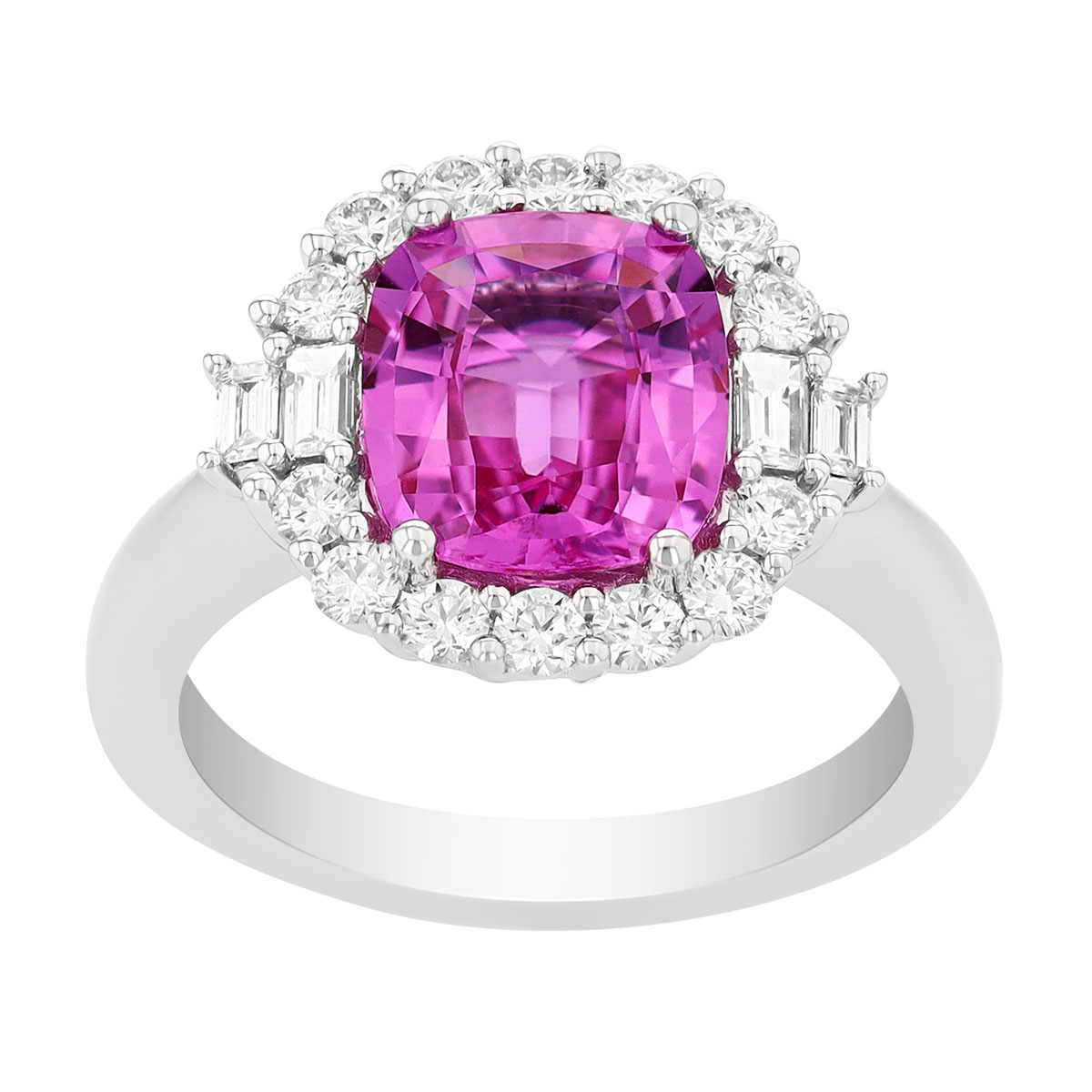 Cushion Cut Pink Sapphire & Multi-Shape Diamond Halo Ring in White Gold