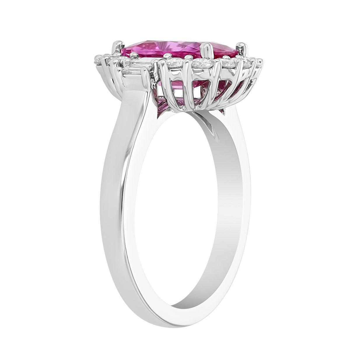 Cushion Cut Pink Sapphire & Multi-Shape Diamond Halo Ring in White Gold