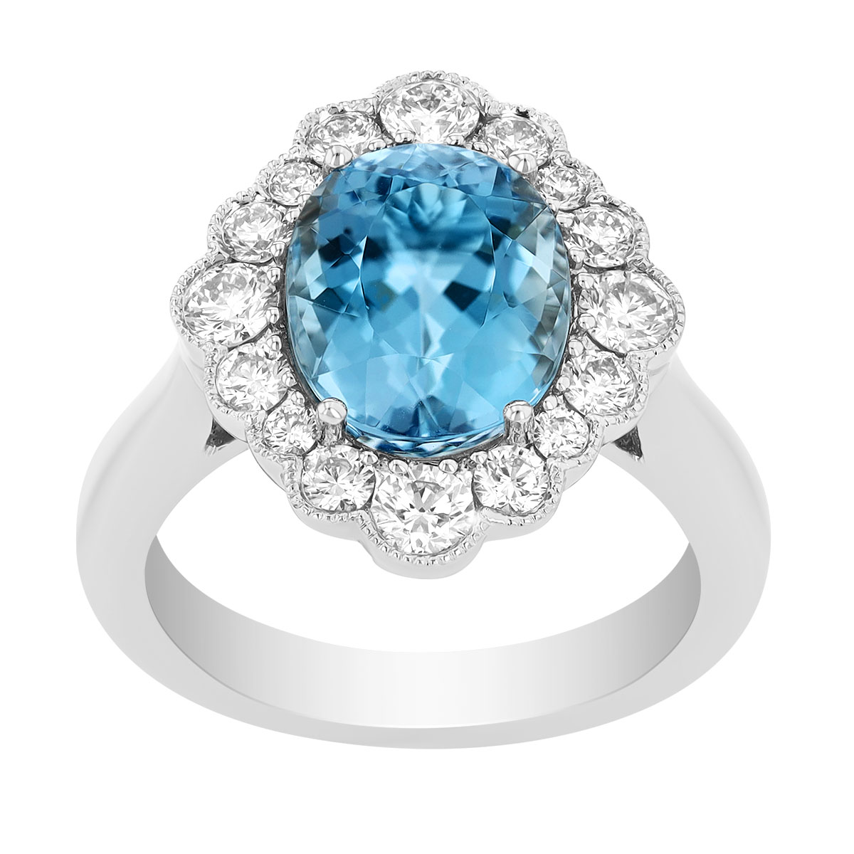 Oval Aquamarine & Diamond Scalloped Halo Ring in White Gold