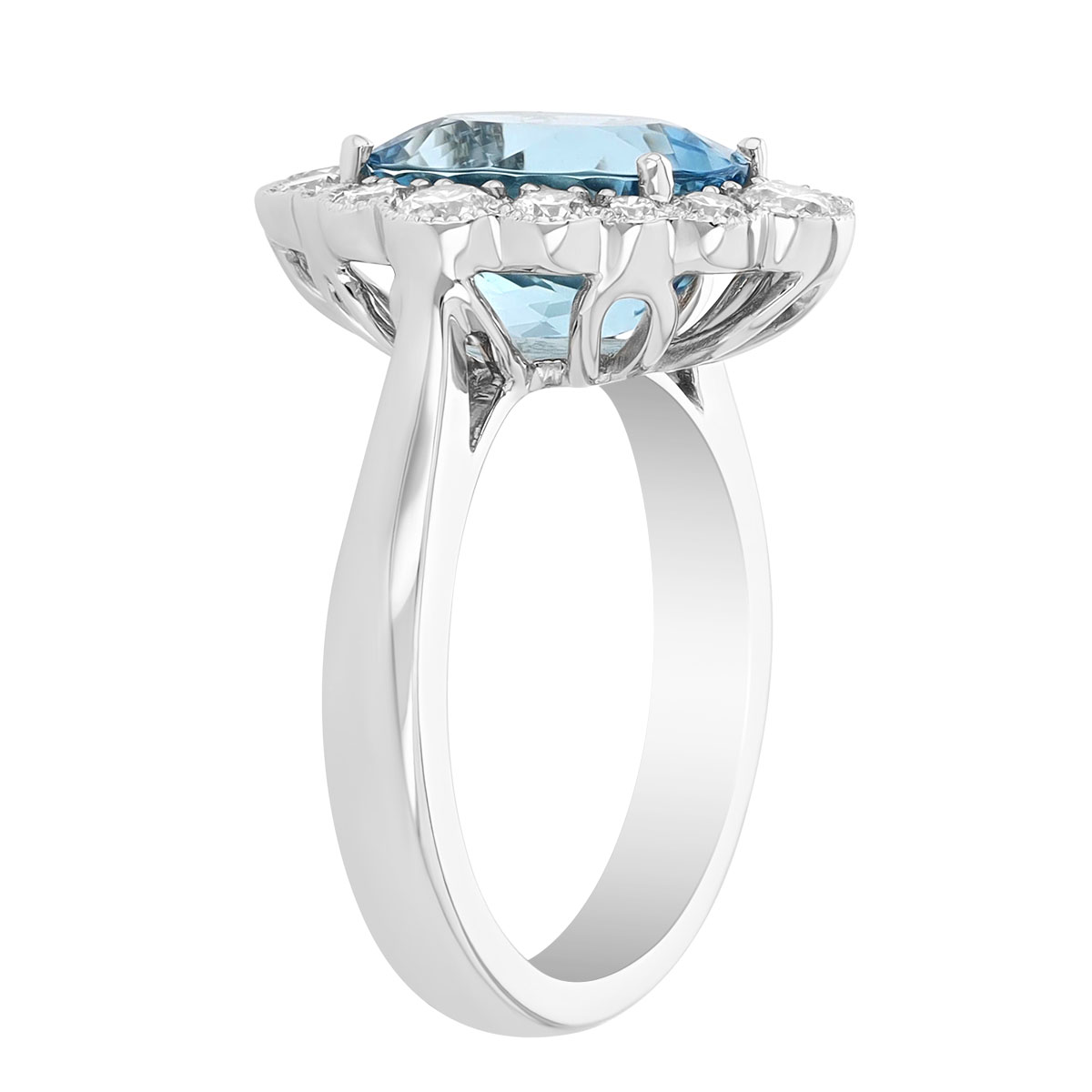 Oval Aquamarine & Diamond Scalloped Halo Ring in White Gold