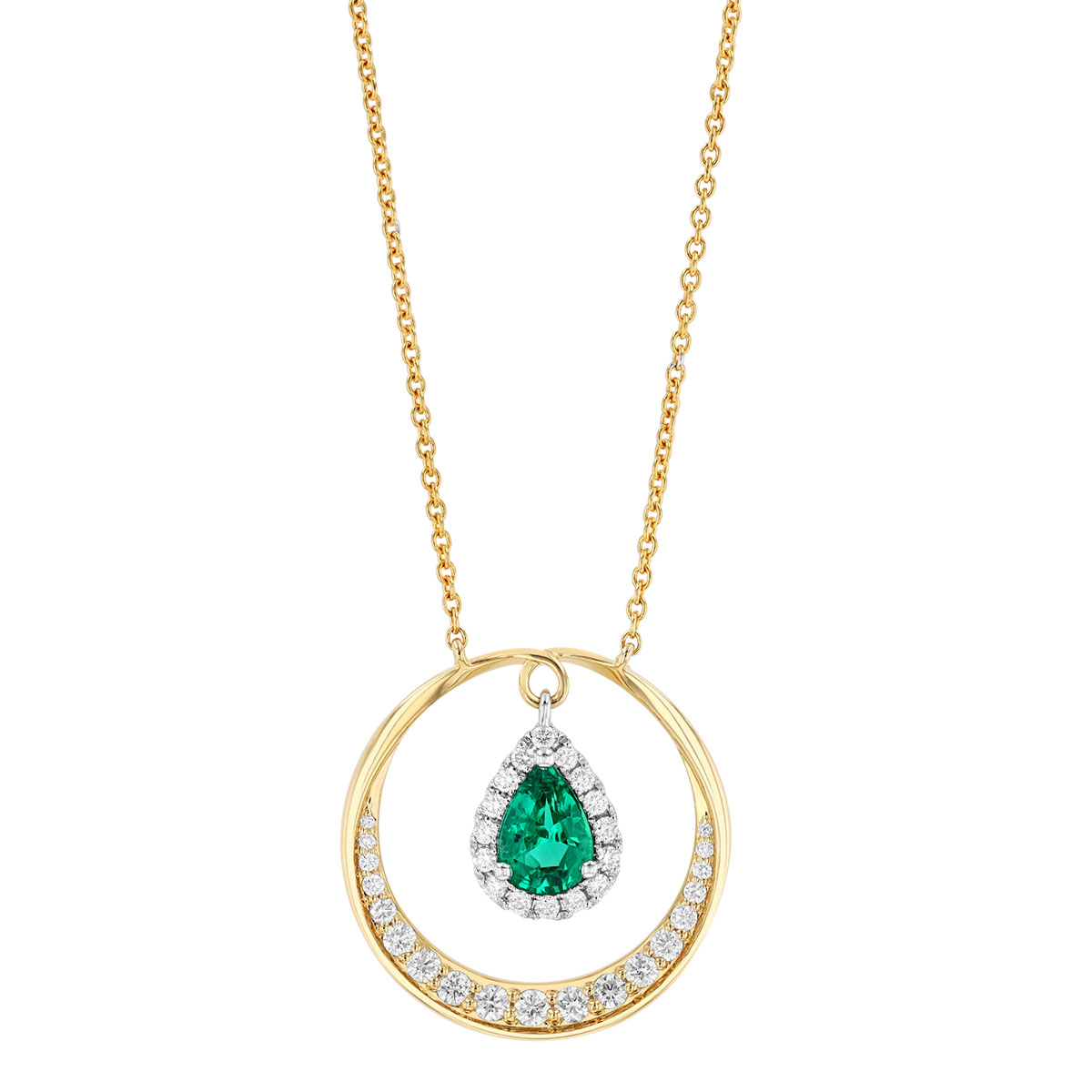Pear Shape Emerald & Diamond Open Circle Pendant in Two Tone