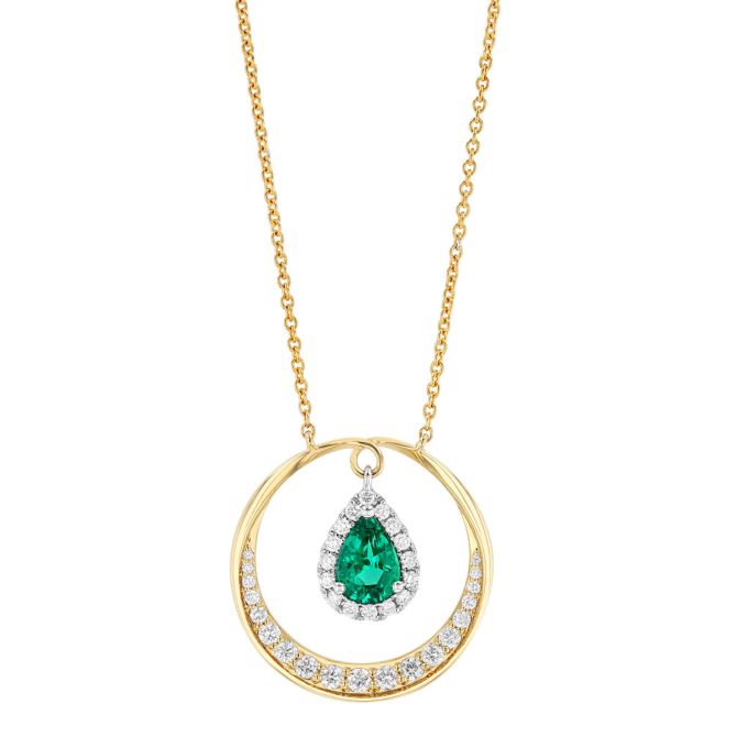 Pear Shape Emerald & Diamond Open Circle Pendant in Two Tone