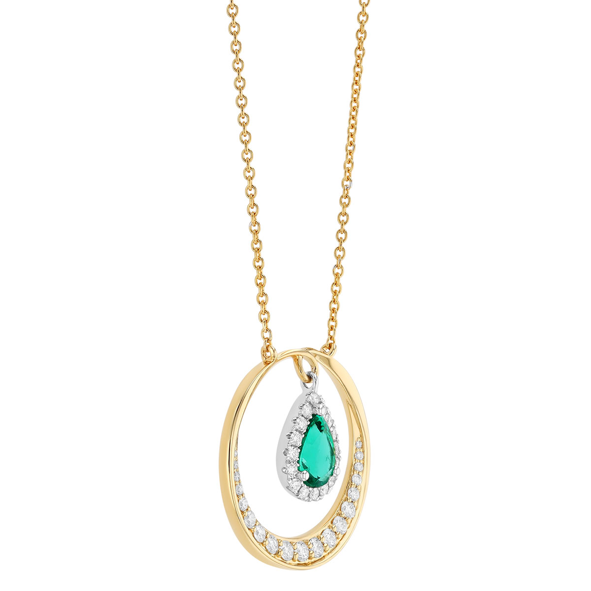 Pear Shape Emerald & Diamond Open Circle Pendant in Two Tone