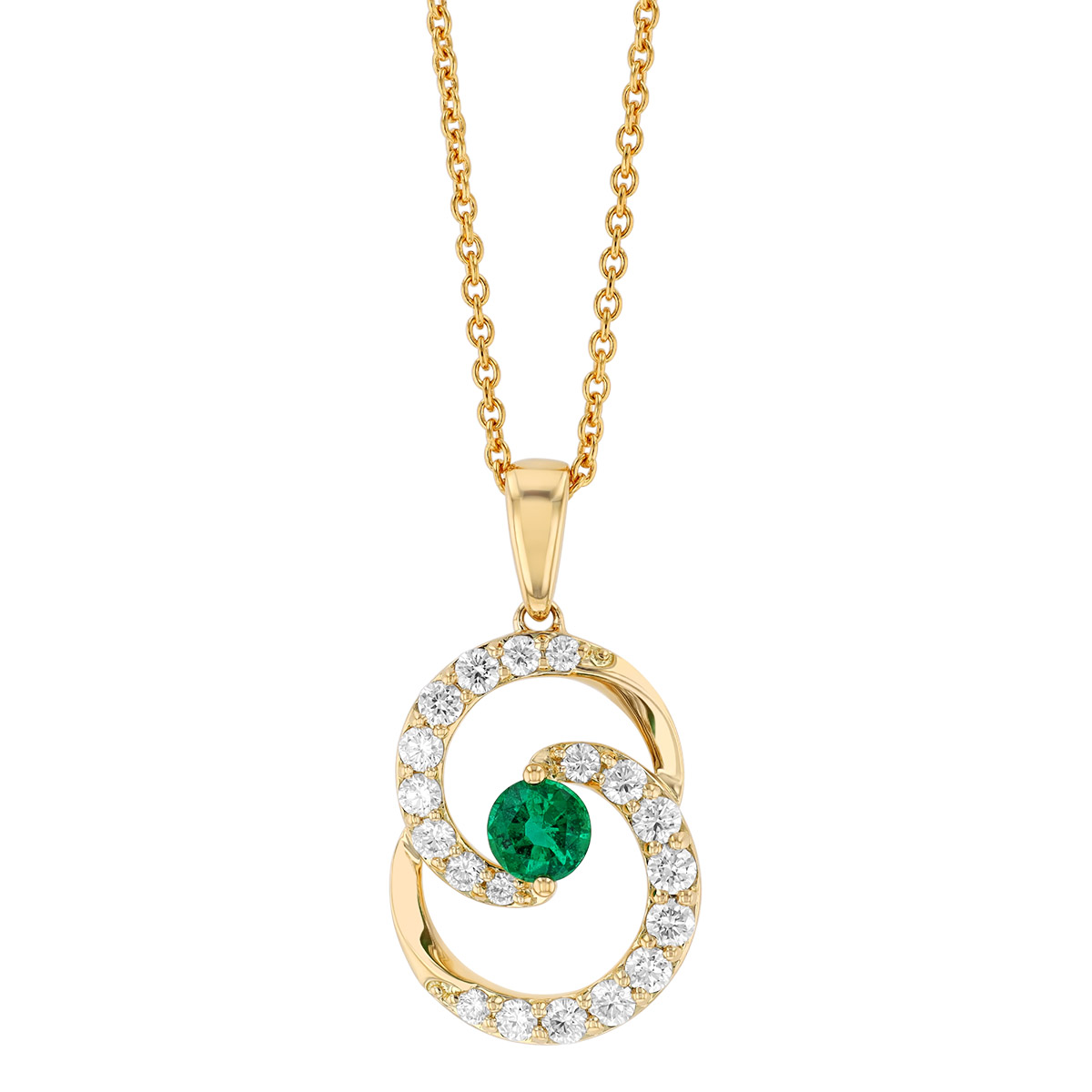 Emerald & Diamond Swirl Pendant in Yellow Gold
