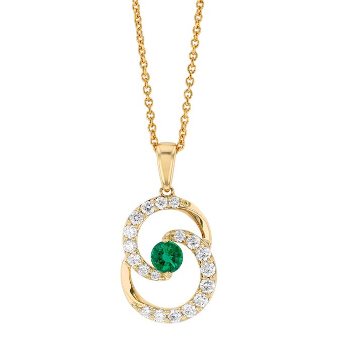 Emerald & Diamond Swirl Pendant in Yellow Gold