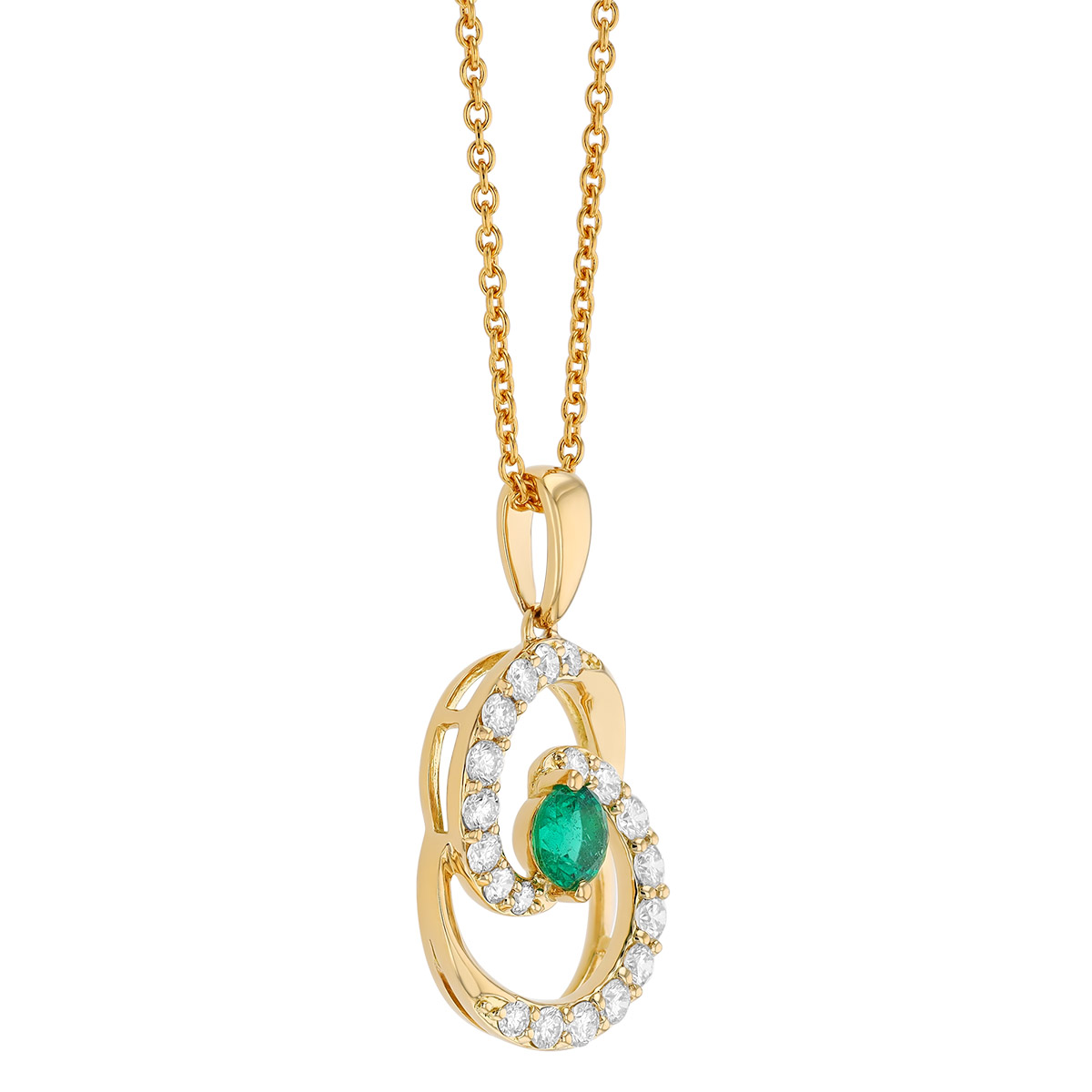 Emerald & Diamond Swirl Pendant in Yellow Gold