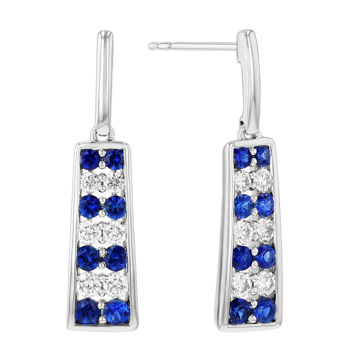 Graduated Sapphire & Diamond Column Dangle Earrings in White Gold