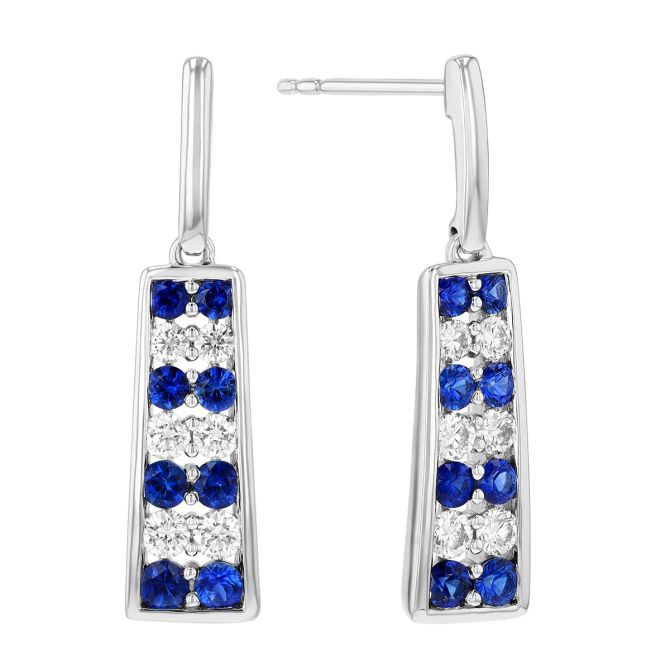 Graduated Sapphire & Diamond Column Dangle Earrings in White Gold