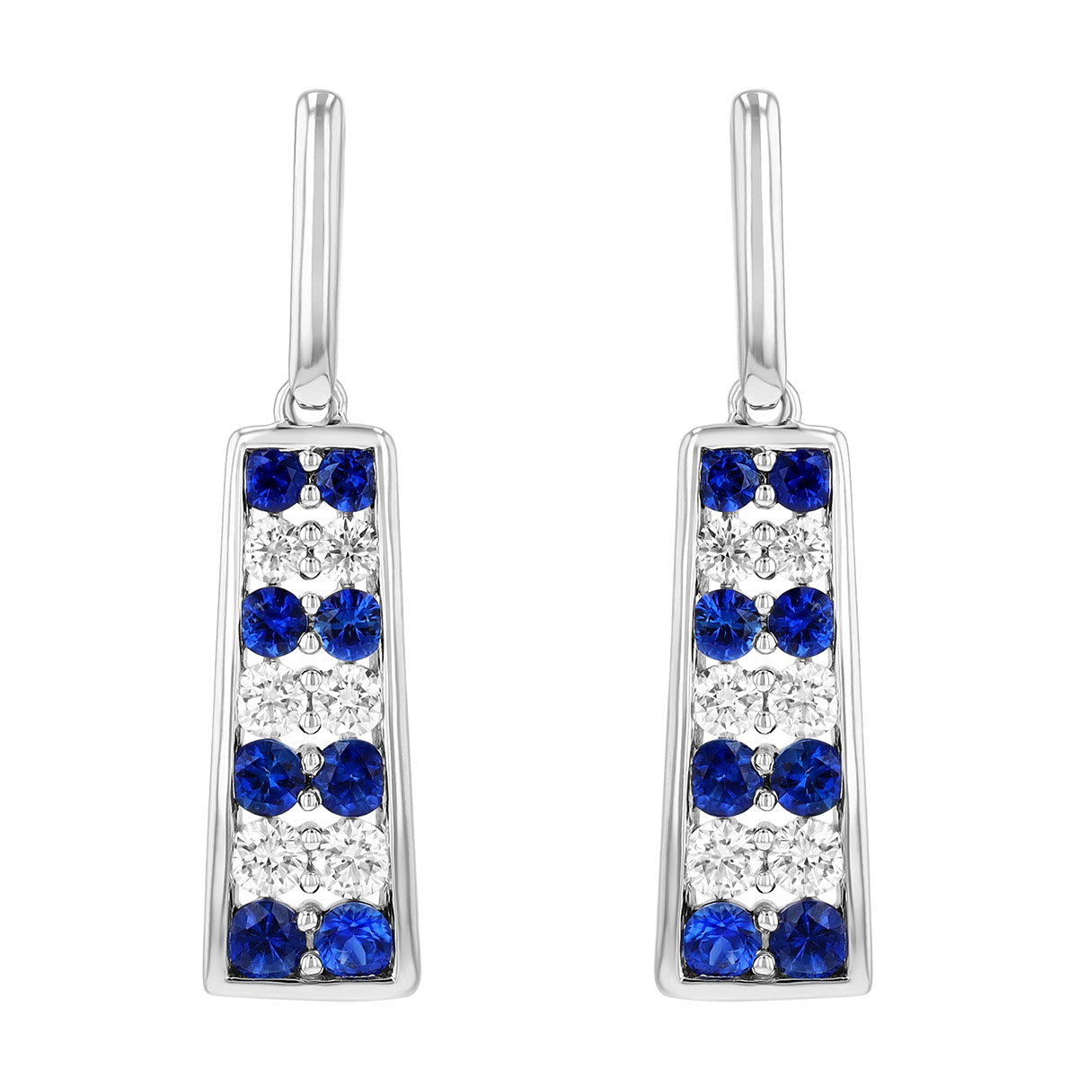Graduated Sapphire & Diamond Column Dangle Earrings in White Gold