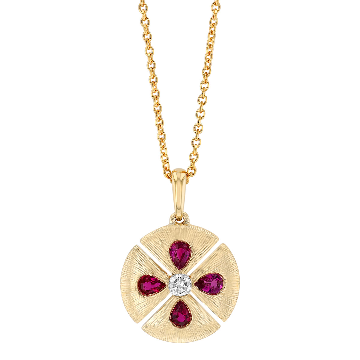 Pear Shape Ruby & Diamond Circle Pendant in Yellow Gold