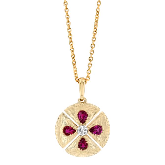 Pear Shape Ruby & Diamond Circle Pendant in Yellow Gold