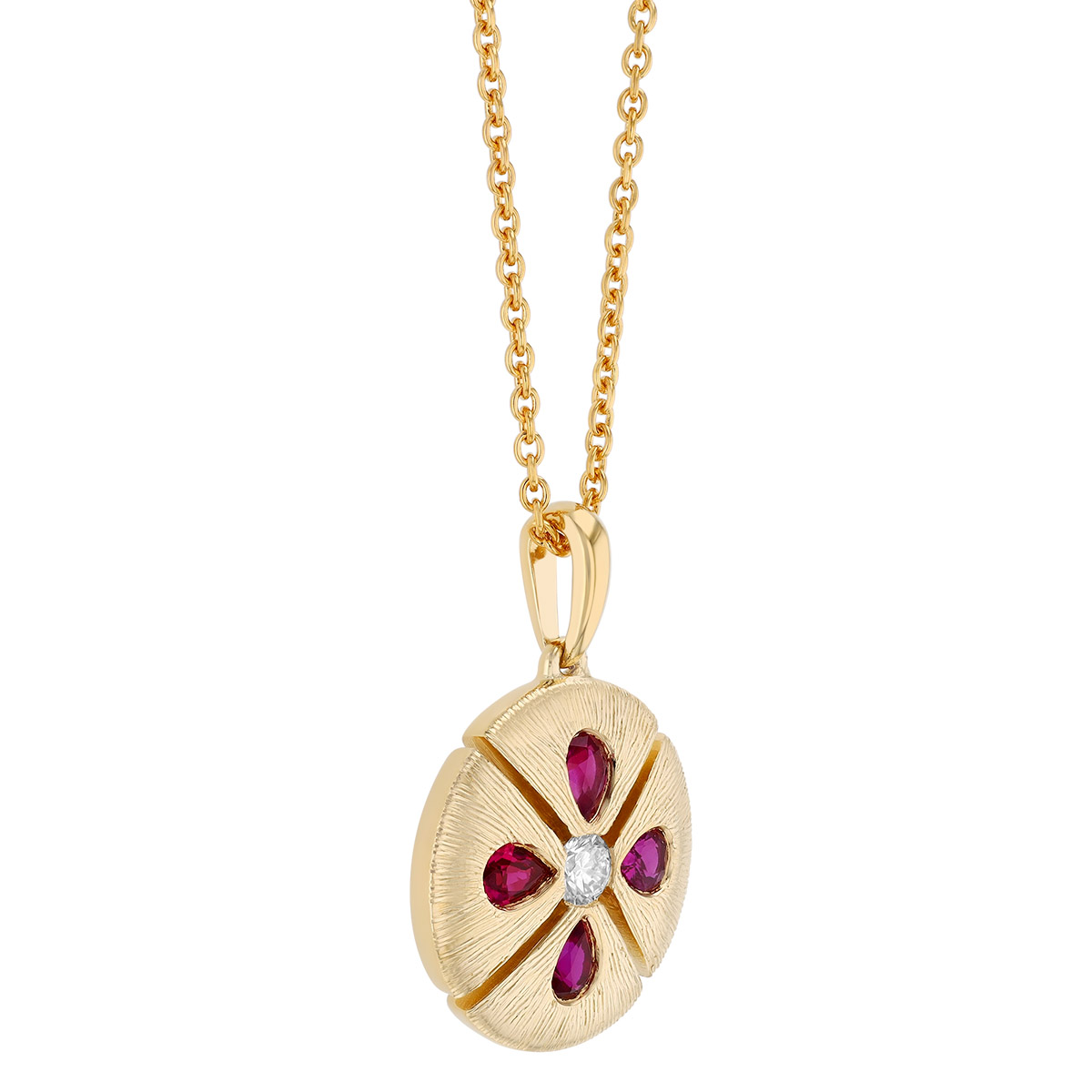 Pear Shape Ruby & Diamond Circle Pendant in Yellow Gold
