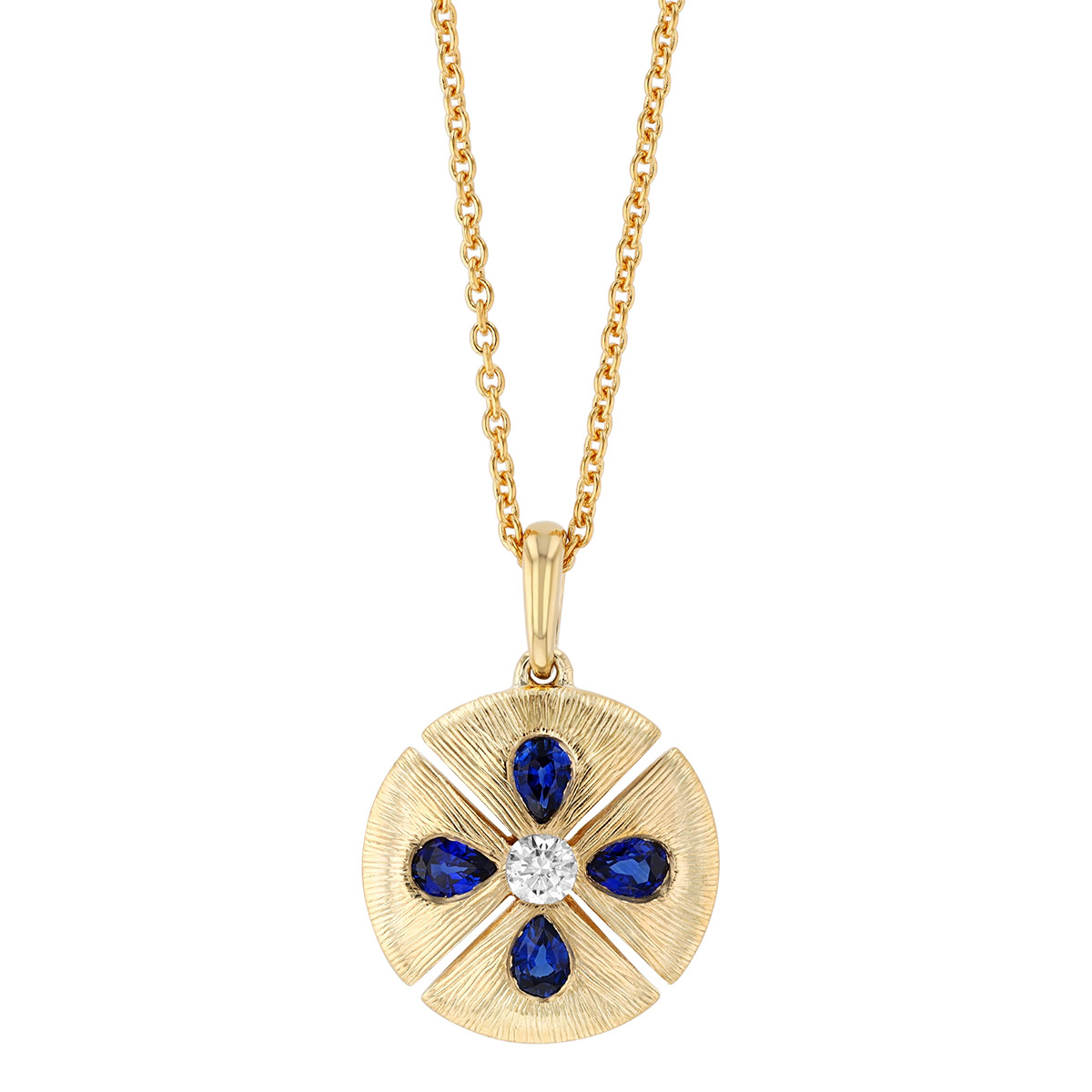 Pear Shape Sapphire & Diamond Circle Pendant in Yellow Gold
