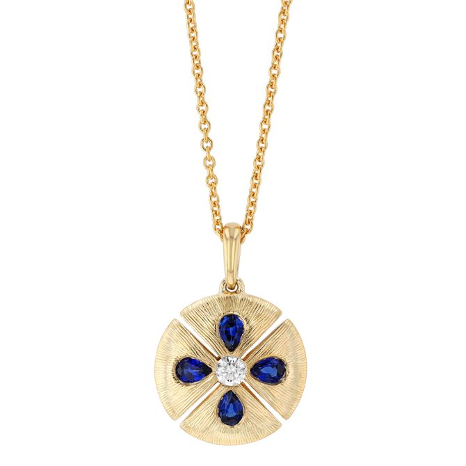 Pear Shape Sapphire & Diamond Circle Pendant in Yellow Gold