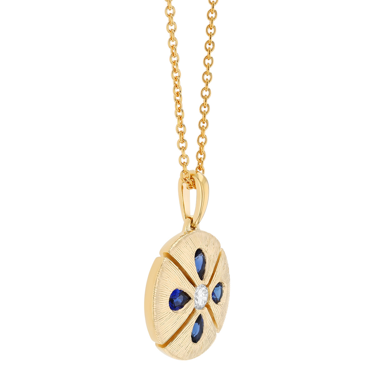 Pear Shape Sapphire & Diamond Circle Pendant in Yellow Gold