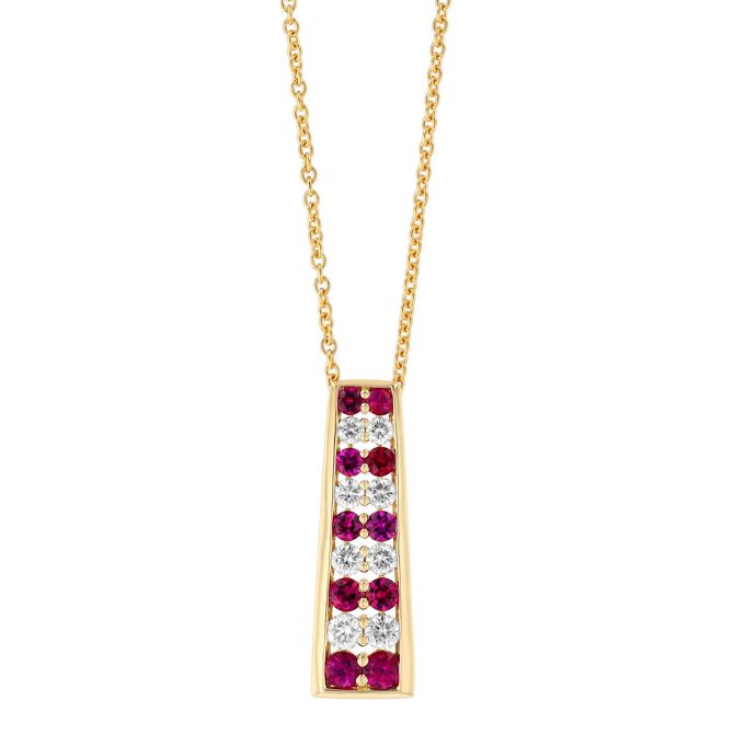 Graduated Ruby & Diamond Column Pendant in Yellow Gold