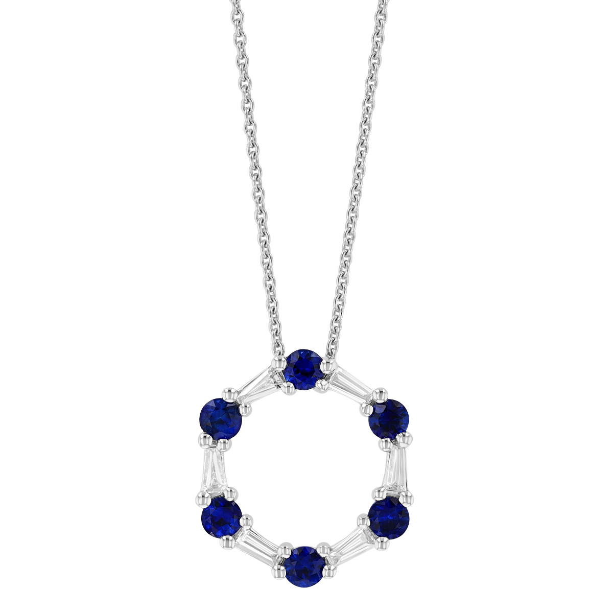 Round Sapphire & Tapered Baguette Diamond Open Circle Pendant in White Gold