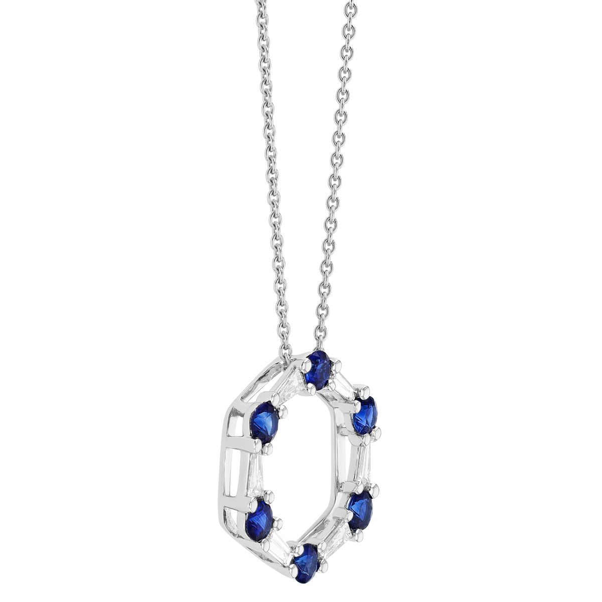 Round Sapphire & Tapered Baguette Diamond Open Circle Pendant in White Gold