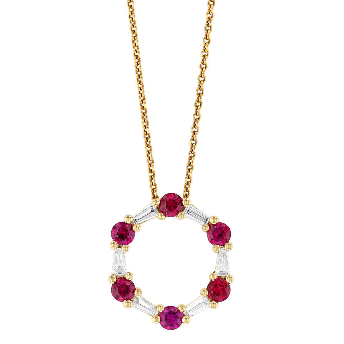 Round Ruby & Tapered Baguette Diamond Open Circle Pendant in Yellow Gold
