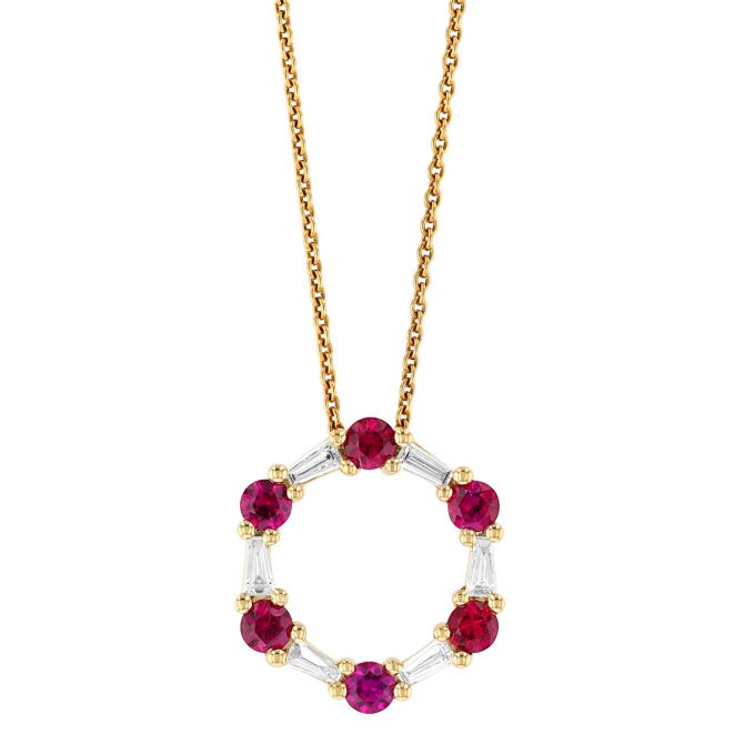 Round Ruby & Tapered Baguette Diamond Open Circle Pendant in Yellow Gold