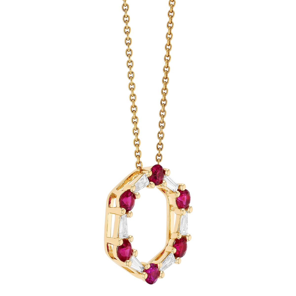 Round Ruby & Tapered Baguette Diamond Open Circle Pendant in Yellow Gold